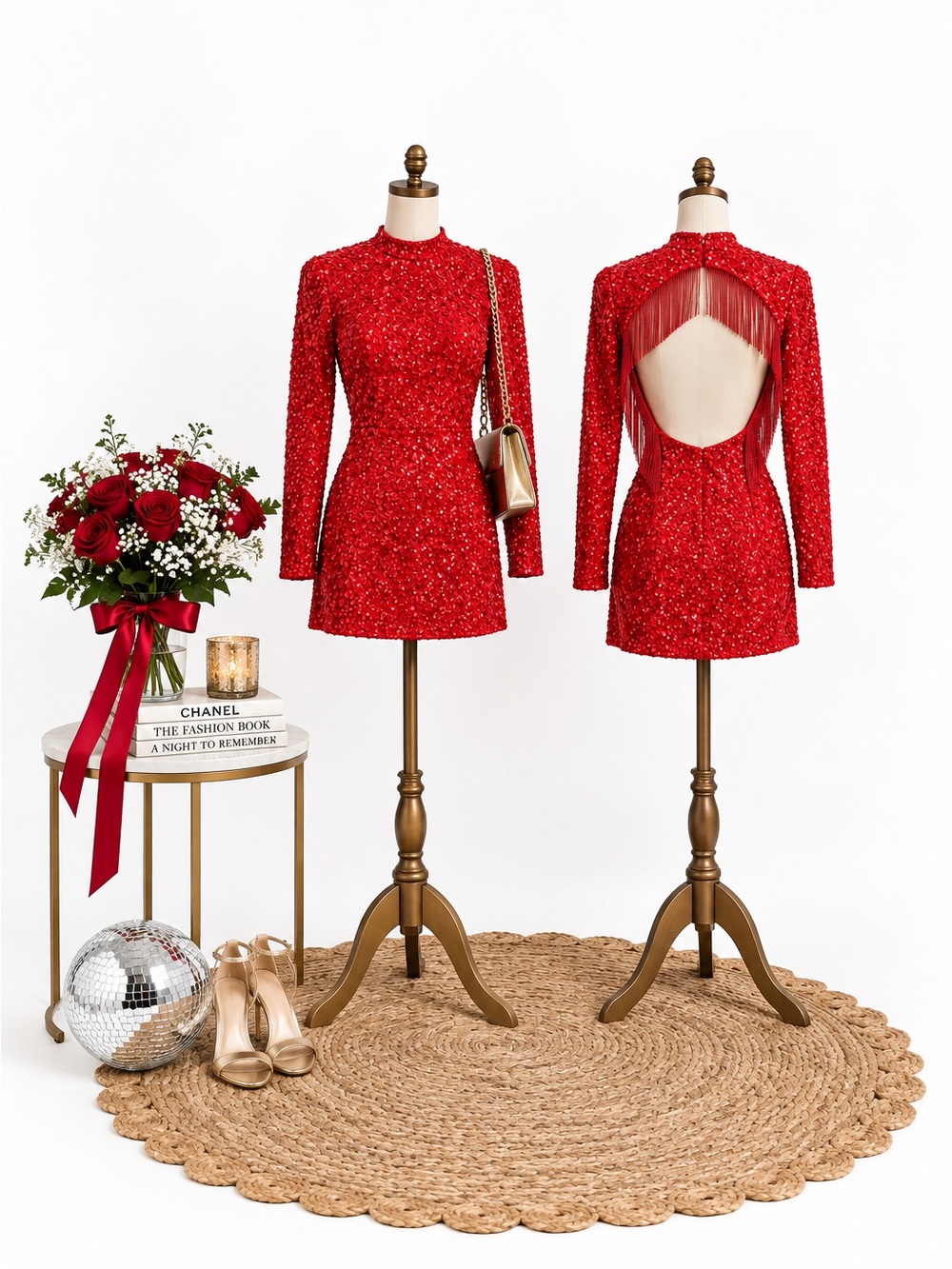 Vintage Ashley Lauren Red Sequin Fringe Open Back Mini Dress Size 2